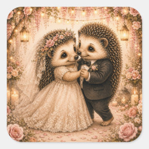 Sticker Carré Joli Couple de Hérissons de Mariage