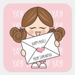 Sticker Carré Joli Courrier Brown Cheveux Fille Coeur Rose Sceau