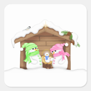 Sticker Carré Joli Crèche de Noël Bonhomme de Neige