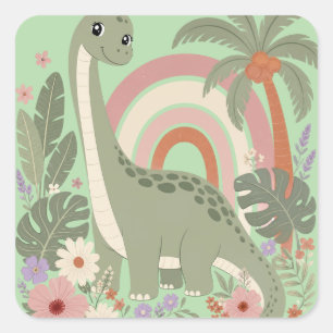 Sticker Carré Joli dinosaure boho Dino pastel arc-en-ciel Fl