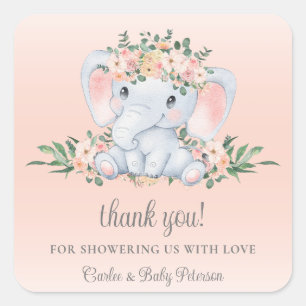 Sticker Carré Joli Eléphant Blush rose Floral Baby shower fille