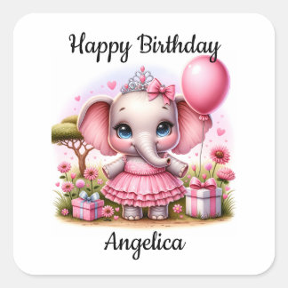 Sticker Carré Joli éléphant d'anniversaire en Robe Rose et Tiara
