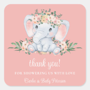 Sticker Carré Joli Eléphant rose Floral Baby shower fille