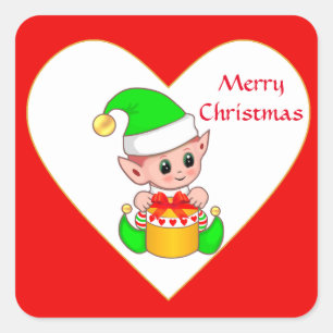 Sticker Carré Joli elfe de Noël et boîte cadeau sur fond rouge e