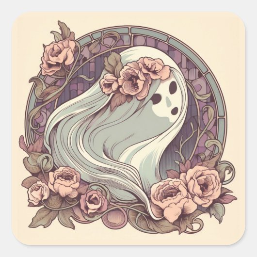 Sticker Carré Joli Fantôme Art Nouveau avec Fleurs Éffrayant (Devant)