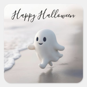 Sticker Carré Joli fantôme d'Halloween courant sur une plage
