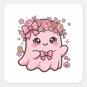Sticker Carré Joli Fantôme Rose Floral Halloween