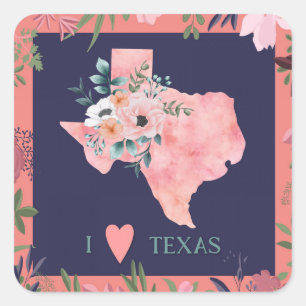 Sticker Carré Joli Floral I Love Texas State Map