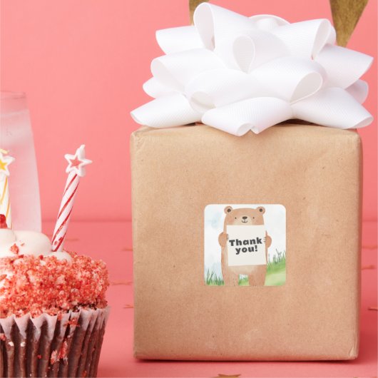 Sticker Carré Joli garçon ours tenant un nom ou un message (Fête)