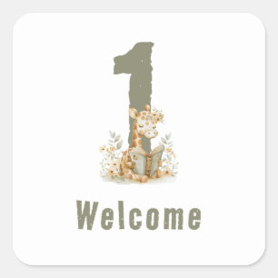 Sticker Carré Joli Girafe Vert Sauge 1er Anniversaire Bienvenue