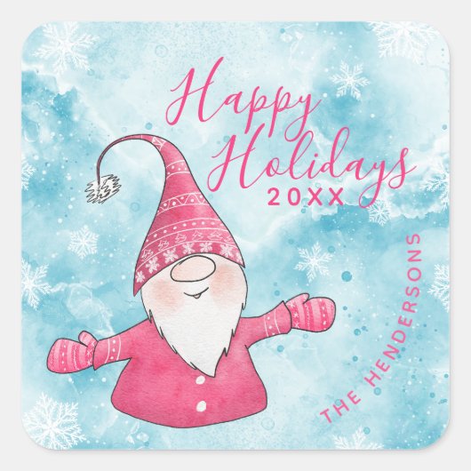 Sticker Carré Joli Gnome Bleu rose Joyeux Fêtes Noël (Devant)