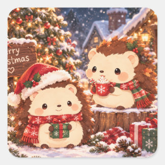 Sticker Carré Joli Hérisson de Noël, Vacances d'Hiver Kawaii