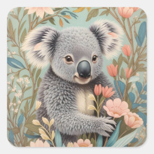 Sticker Carré Joli Koala Élégante Florale Pastel