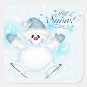 Sticker Carré Joli Laisser Il Neige Patinage Sur Glace Snowman