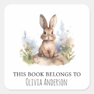 Sticker Carré Joli lapin aux fleurs jaunes Ce livre appartient