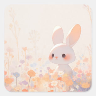 Sticker Carré Joli Lapin Blanc aux fleurs sauvages Rose Pastel