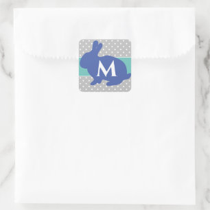 Sticker Carré Joli lapin bleu sur monogramme à pois gris