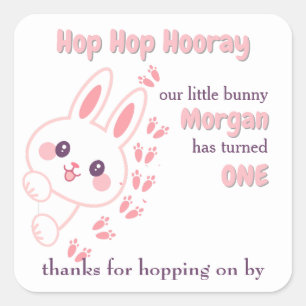 Sticker Carré Joli Lapin Cartoon Turning One Girls 1er Anniversa