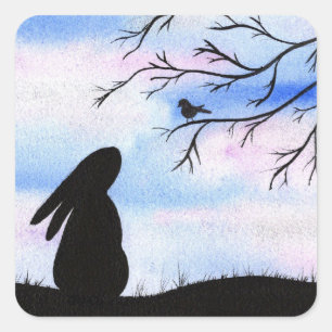 Sticker Carré Joli lapin et l'aquarelle d'oiseau Silhouette