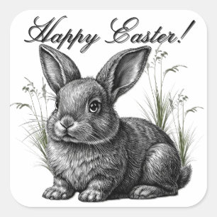 Sticker Carré Joli lapin gris parmi l'herbe Joyeuses Pâques