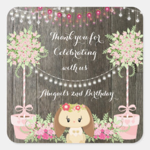 Sticker Carré Joli Lapin Rustique, Fleurs Roses Anniversaire