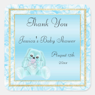 Sticker Carré Joli Lapin Sarcelle Remerciement Baby Shower