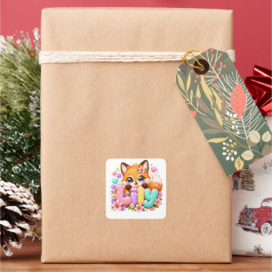 Sticker Carré Joli Lily Fox Nom Pastel Rose Floral Bois