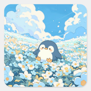 Sticker Carré Joli manchot dans un champ de fleurs sauvages bleu