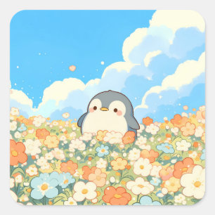 Sticker Carré Joli manchot dans une prairie colorée de fleurs sa