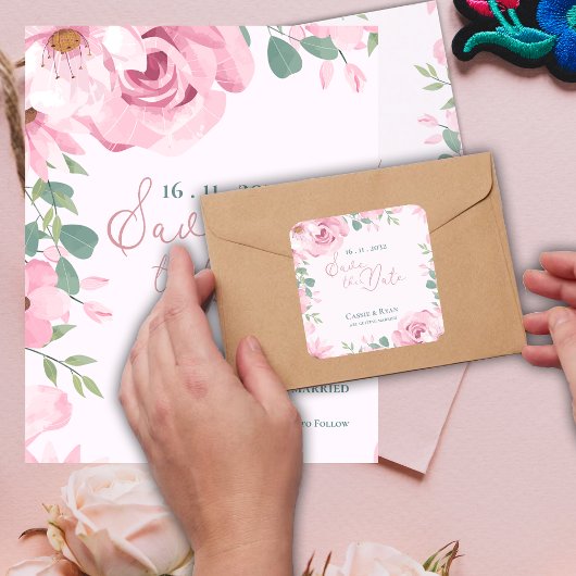 Sticker Carré Joli mariage rose rose floral Enregistrer la date