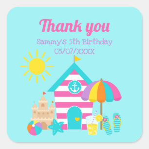 Sticker Carré Joli Merci d'anniversaire d'été de plage pour enfa
