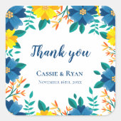 Sticker Carré Joli Merci Mariage Floral bleu et jaune (Devant)