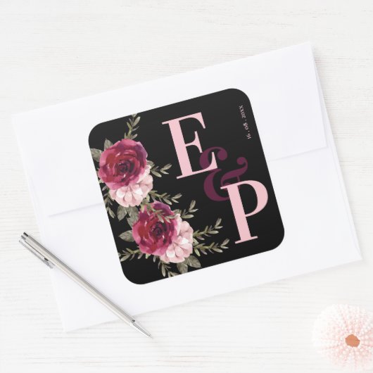 Sticker Carré Joli Monogramme Bourgogne Blush rose Mariage Flora (Enveloppe)