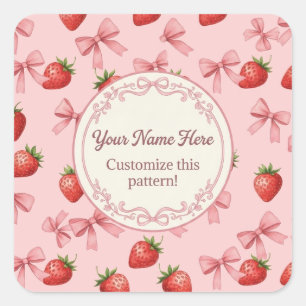 Sticker Carré Joli motif fraise rose et rubans avec nom personna