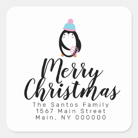 Sticker Carré Joli Noël Penguin Snowflake Adresse (Devant)