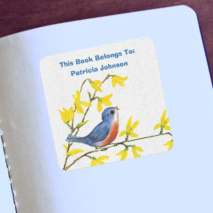 Sticker Carré Joli Oiseau Bleu Rouge Faux Pierre Blanche Fleurs