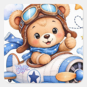 Sticker Carré Joli Ours en Peluche de Dessin Animé Pilote Avion