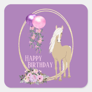 Sticker Carré Joli Palomino rose violet Fleurs Cheval Anniversai
