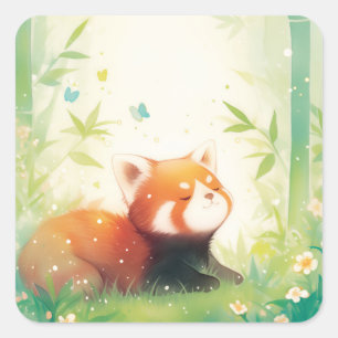 Sticker Carré Joli panda roux faisant la sieste dans une forêt d