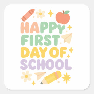 Sticker Carré Joli Pastel Doodle Joyeux Premier Jour d'École