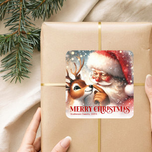 Sticker Carré Joli Père Noël Rudolph Noël personnalisé pour enfa