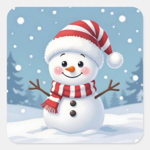 Sticker Carré Joli petit bonhomme de neige avec écharpe et chape