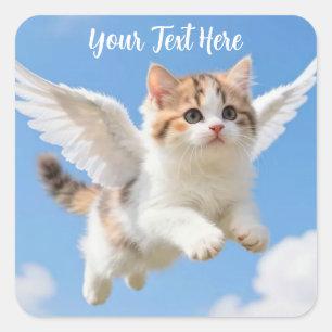Sticker Carré Joli Petit Chat Calico Tabby Volant Ciel Bleu