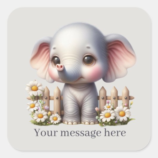 Sticker Carré Joli petit éléphant fille ajouter un message (Devant)