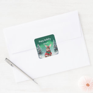 Sticker Carré Joli petit lapin Noël arbre anniversaire fille fêt