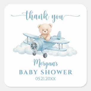 Sticker Carré Joli Pilote Ours en Peluche Remerciement Baby Show