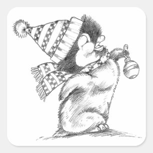 Sticker Carré Joli pingouin de Noël rétro avec chapeau et écharp