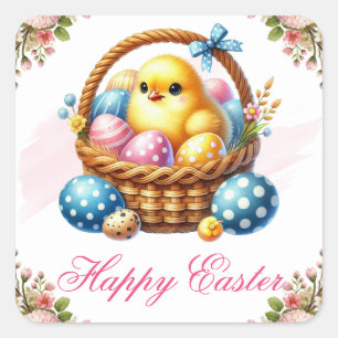 Sticker Carré Joli poussin avec des œufs de Pâques colorés Joyeu