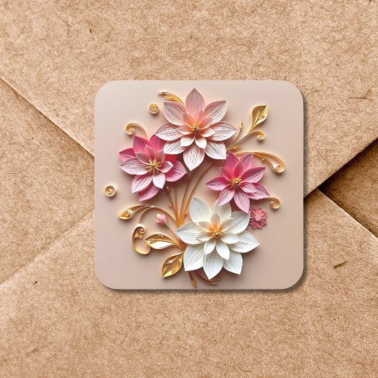 Sticker Carré Joli Quilling De Papier Floral | Fleurs