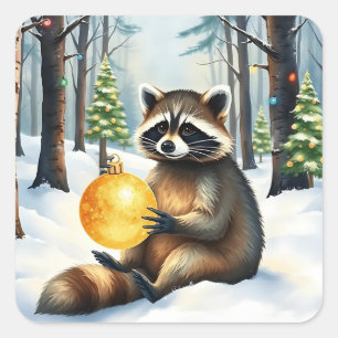 Sticker Carré Joli Raton laveur d'hiver avec ornement doré Noël